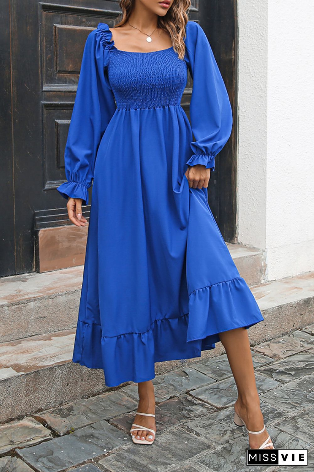 Smocked Square Neck Ruffles Maxi Dress