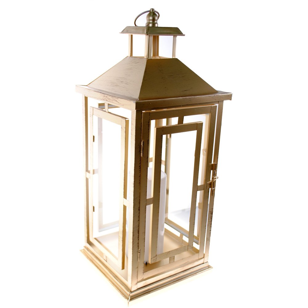 Shop4Omni 20 Inch Metal and Glass Tabletop Centerpiece Lantern with Flame-Less Candle Brushed Bronze