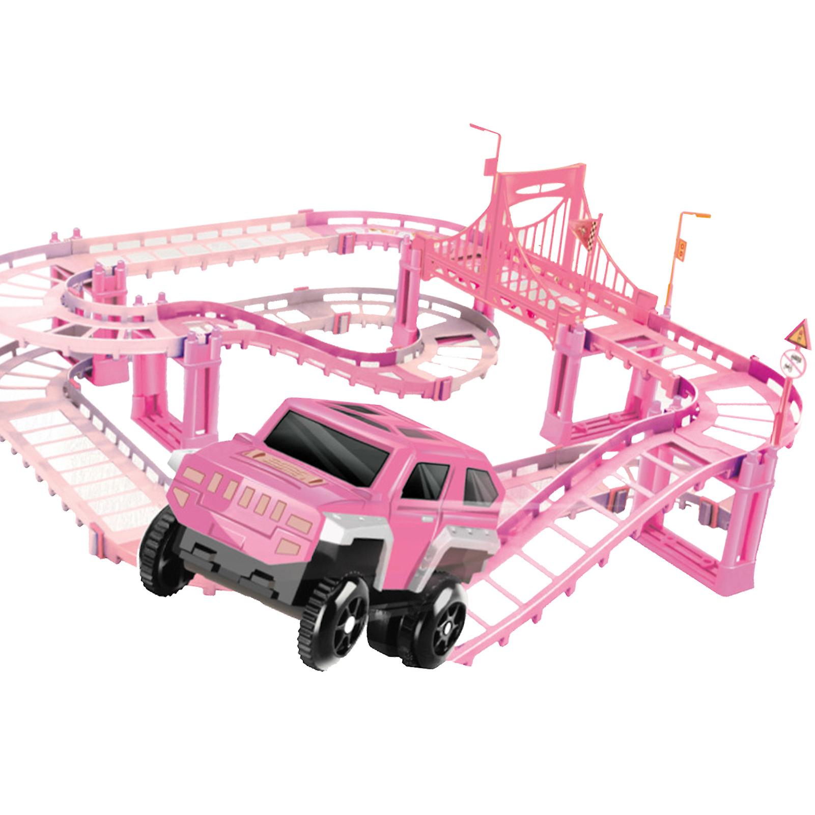 Electric Train Track Toy Exquisite Workmanship Safe Educational Race Car Track Toys with Coconut Tree for Children Pink