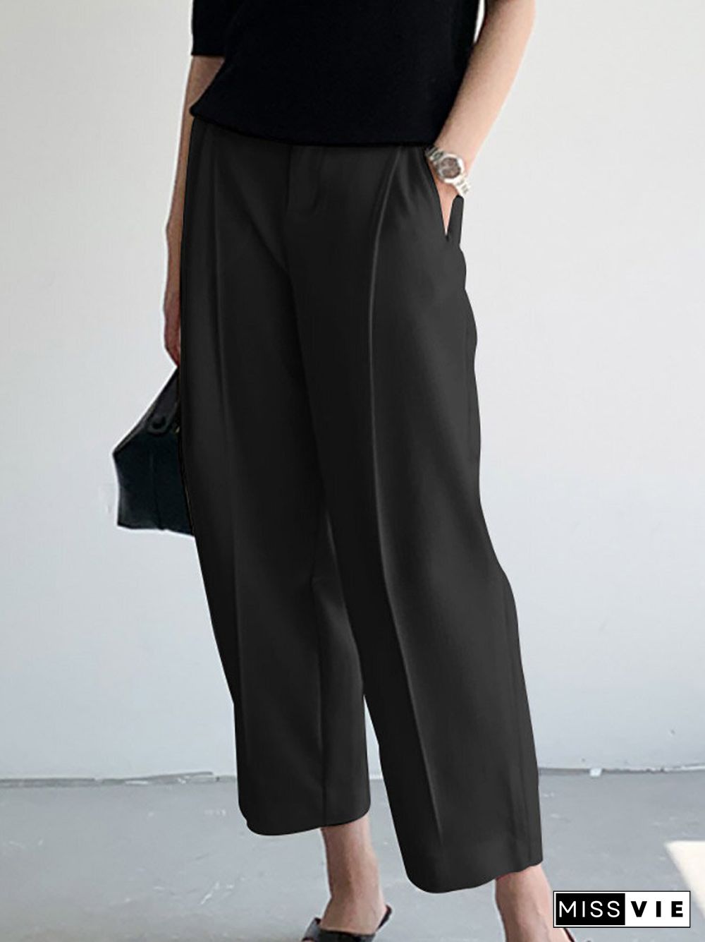 Solid Pocket Straight Leg Crop Pants For Women