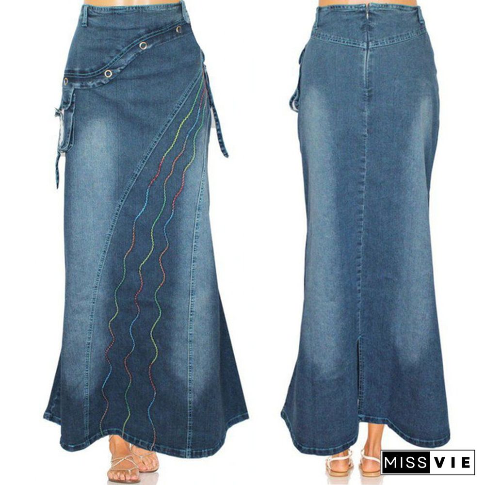 Women Fashion Casaul Stretch Cargo Denim Skirt Bell Skirt Floor Length Washed Denim Jeans Skirt Plus Size