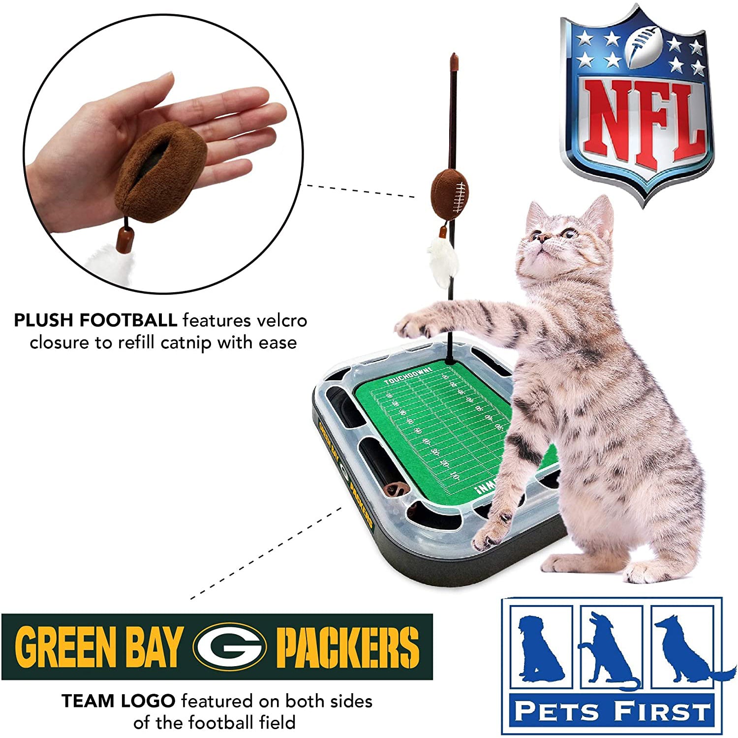 NFL Green Bay Packers CAT Scratcher Toy with Catnip Plush and Feather Cat and Kitty Toy