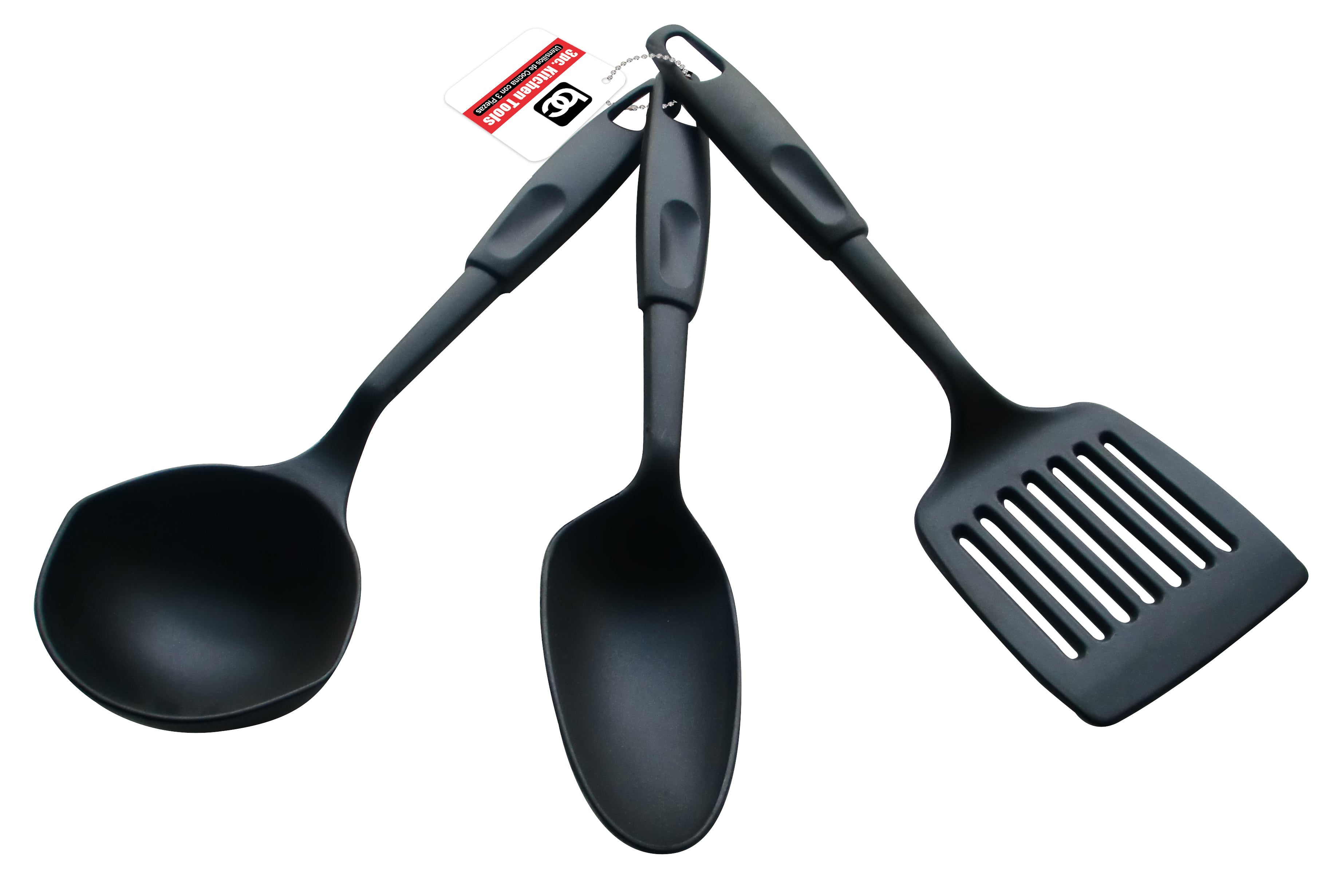 Bene Casa 3-piece nylon kitchen utensil set, ladle, spoon, slotted turner, black, scratch resistant, utensil safe for non-stick cookware, dishwasher safe