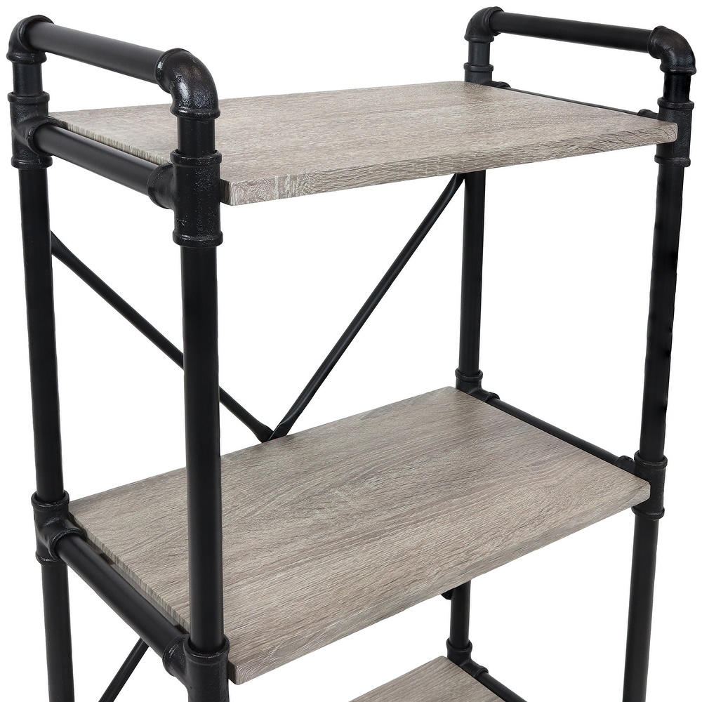 5 Tier Black Pipe Bookshelf with Wood Veneer Shelves