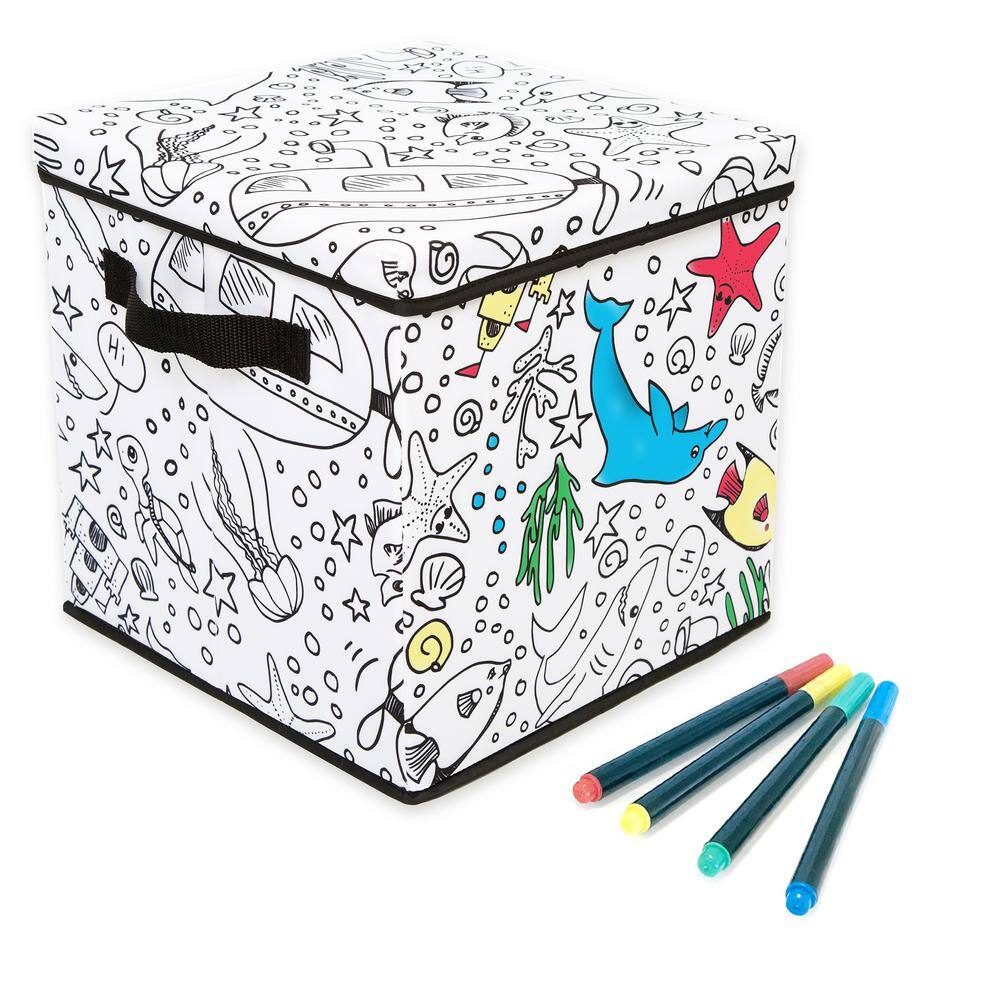 BAUM Kid's White Coloring Storage Cube Bin with lids including 4 Pack of Washable Markers 21A353UE