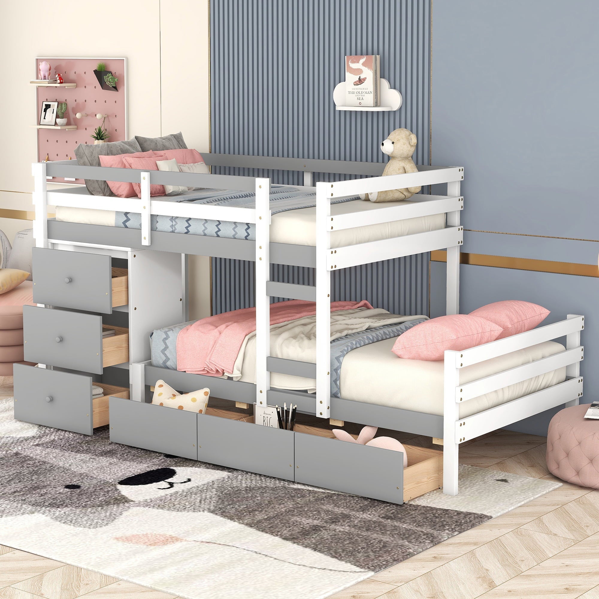 Twin over Twin Bunk Bed with Six Drawers for Kids Room, Gray