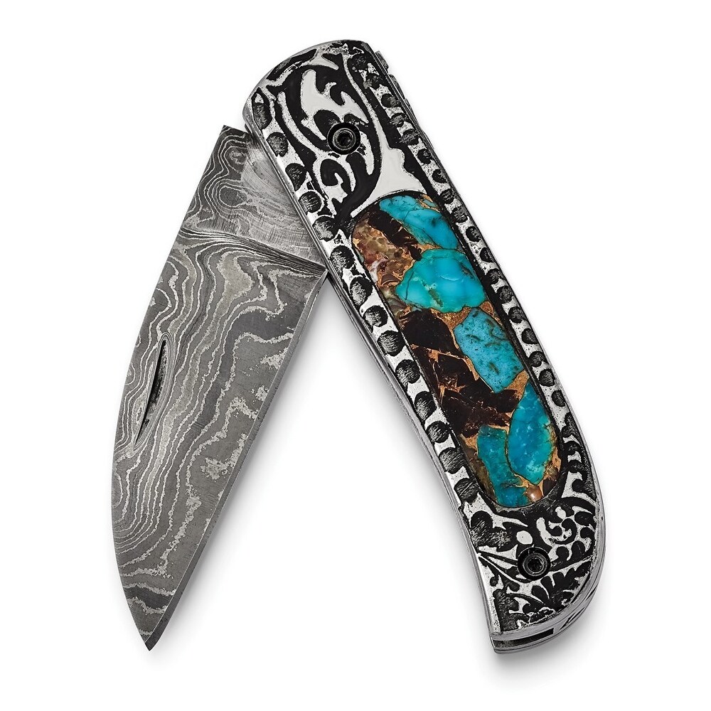 Curata Damascus Steel 256 Layer Folding Blade Turquoise Handle Knife Leather Sheath Wooden Gift Box