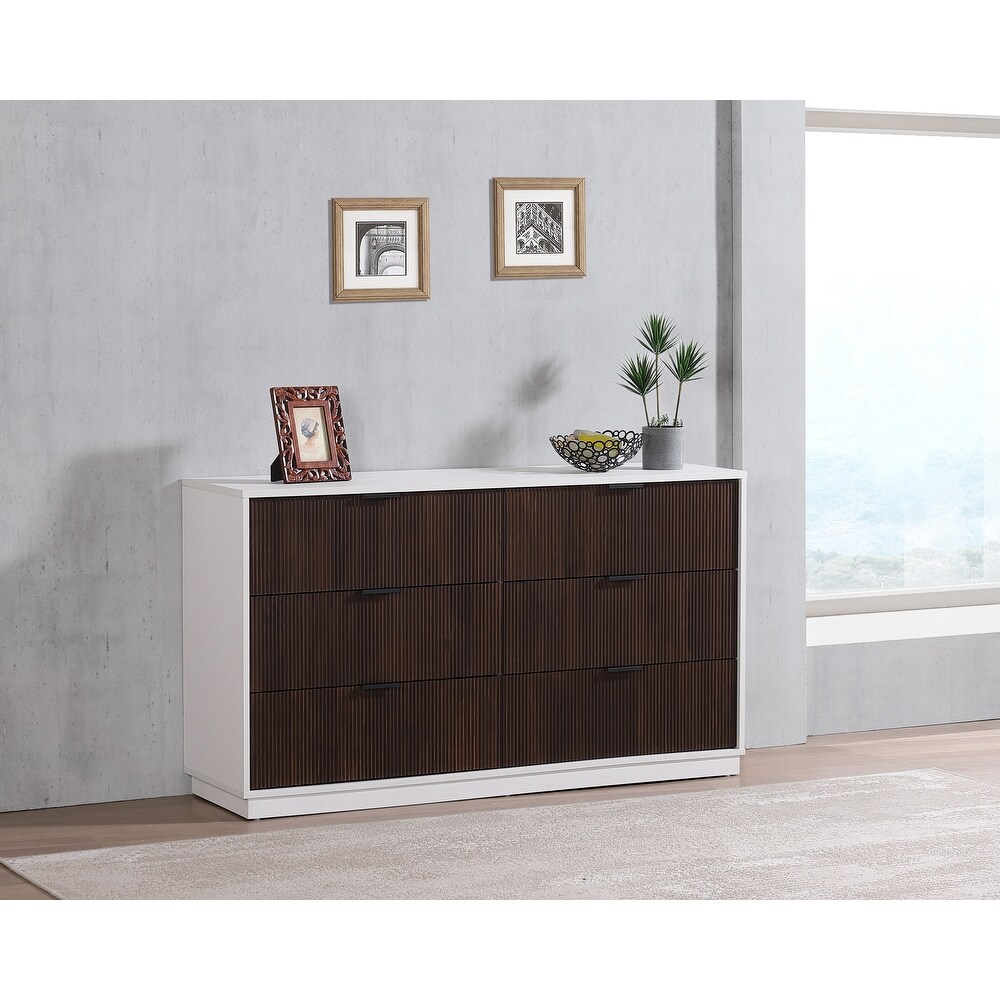 Easton Mid Century Modern 6 Drawer Dresser in White and Natural or Walnut Wood Finish