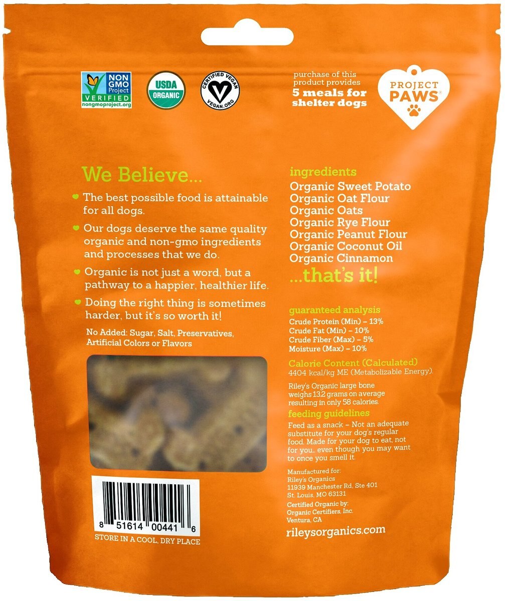 Riley's Organic Sweet Potato Recipe Biscuit Dog Treat， 5-oz bag， Large