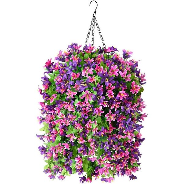 Artificial Hanging Flowers in Basket for Outdoor Spring Decoration，4pcs Faux Silk Violet Flower Bouquet UV Resistant