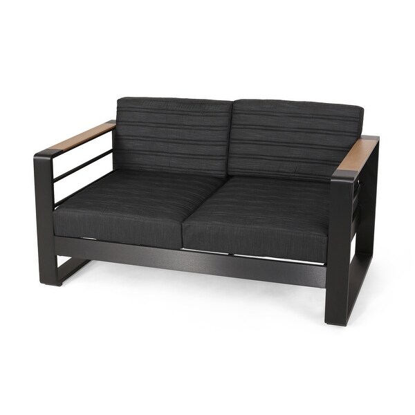 Giovanna Outdoor Black Aluminum Loveseat with Charcoal Cushions by Christopher Knight Home