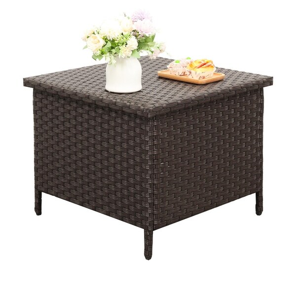 Outdoor PE Wicker Side Table with Storage Patio End Table Resin Rattan Storage Table for Garden Backyard Porch Poolside