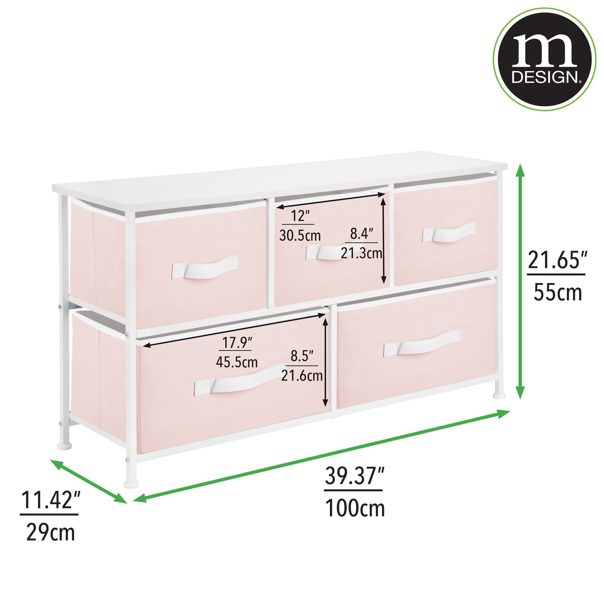 mDesign Wide Steel Frame/Wood Top Storage Dresser Furniture with 5 Fabric Drawers, Large Bureau Organizer for Baby, Kid, and Teen Bedroom, Nursery, Playroom, Dorm - Jane Collection, Pink/White