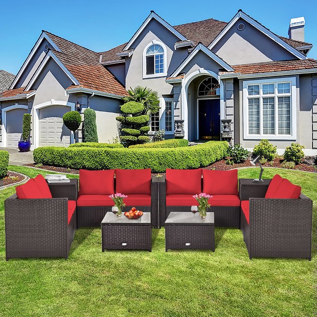 Costway 8pcs Outdoor Patio Rattan Furniture Set Cushioned Loveseat Storage Table Red navy