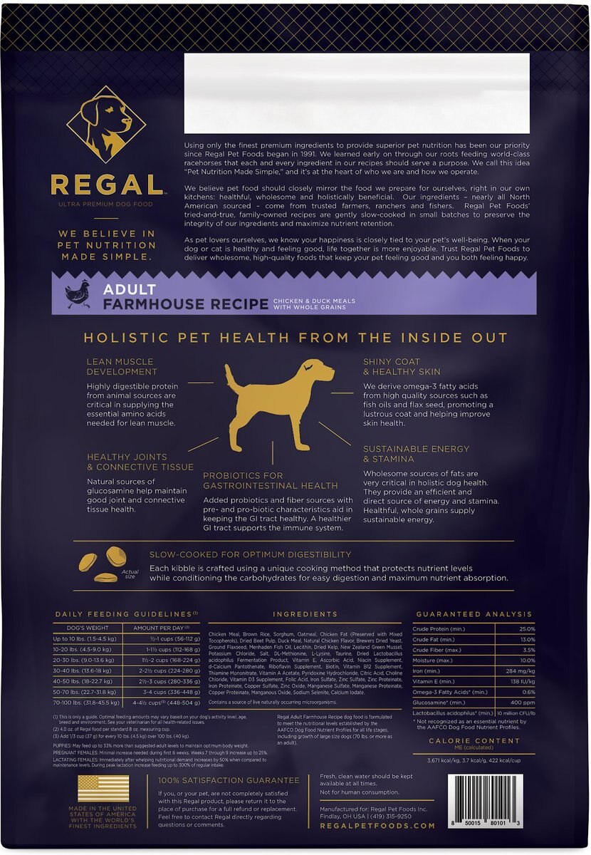 Regal Pet Foods Farmhouse Recipe Chicken and Duck Meals Whole Grains Adult Dry Dog Food