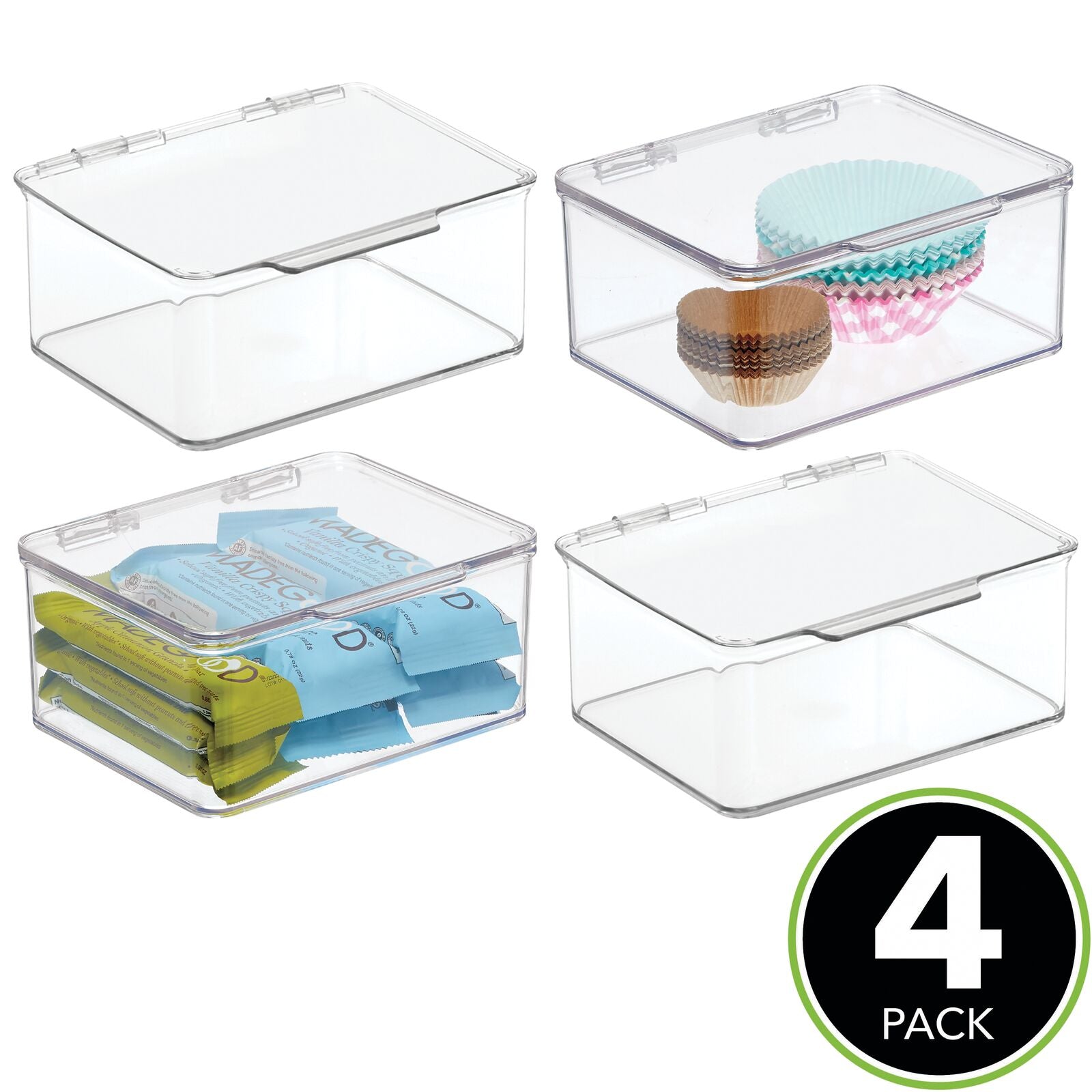 mDesign Small Plastic Stackable Kitchen Storage Box, Food Safe, 4 Pack - Clear