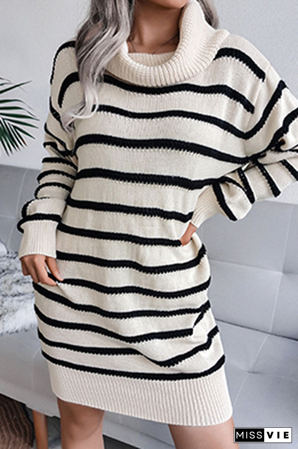 Casual Striped Split Joint  Contrast Turtleneck Dresses  (Without Belt)