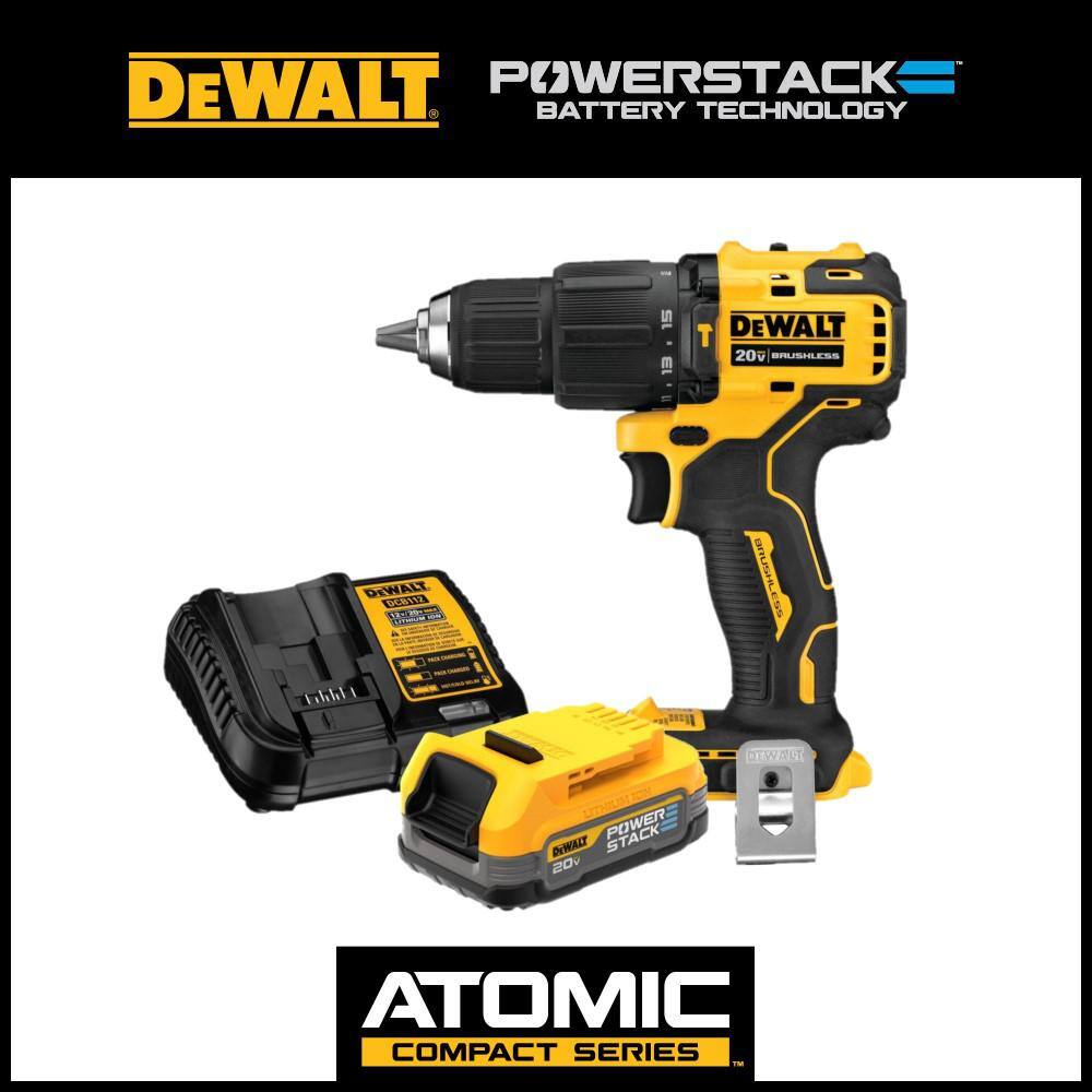 DW ATOMIC 20V MAX Brushless Cordless Compact 12 in. Hammer Drill and 20V POWERSTACK Compact Battery Kit DCD709BWP034C