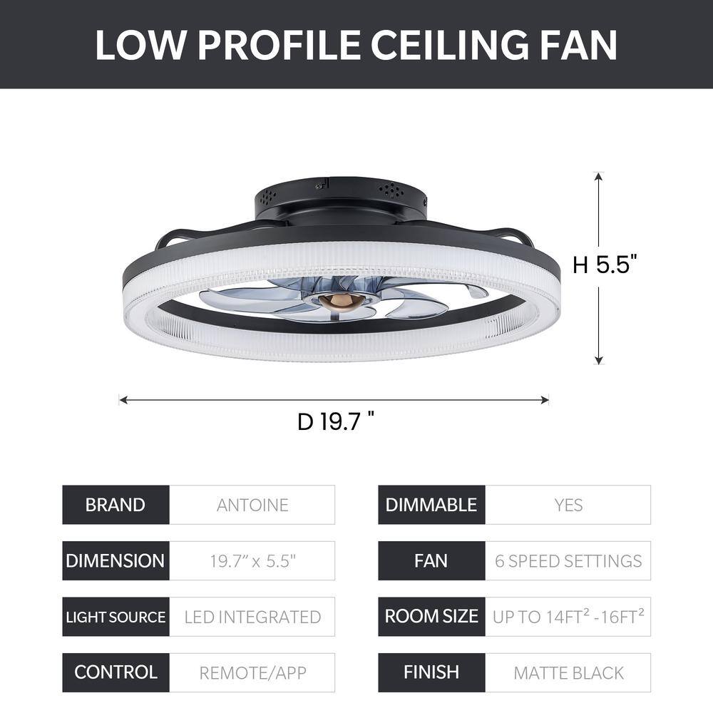 ANTOINE 20 in. LED Indoor Black Low Profile Ceiling Fan with Dimmable Lighting Small Flush Mount Ceiling Fan with Remote HD-IL-01