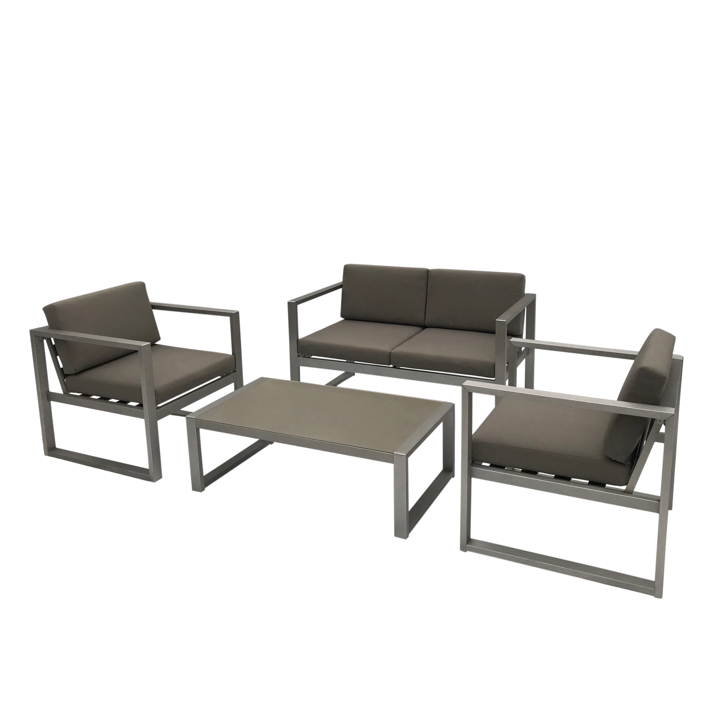 Noah Outdoor 4 Piece Silver Rust-Proof Aluminum Chat Set with Khaki Water Resistant Cushions