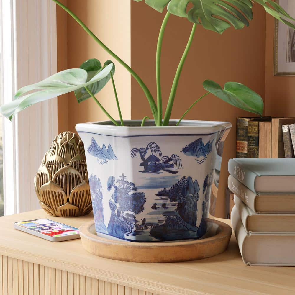 Oriental Furniture 10 in. Landscape Blue and White Porcelain Flower Pot BW-FLOWER-BWLS