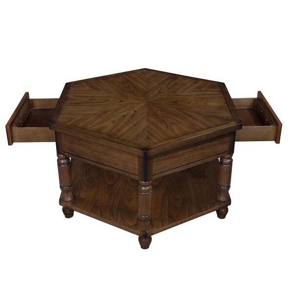 Roomfitters 2 Tier Retro Hexagon Living Room Solid Wood Coffee Table with Shelf and Drawer