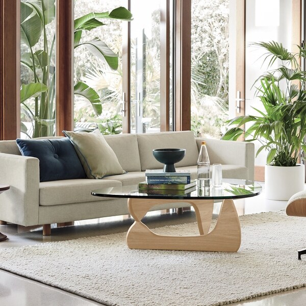 Noguchi Modern Triangle Glass Coffee Table Cherry Wood Base