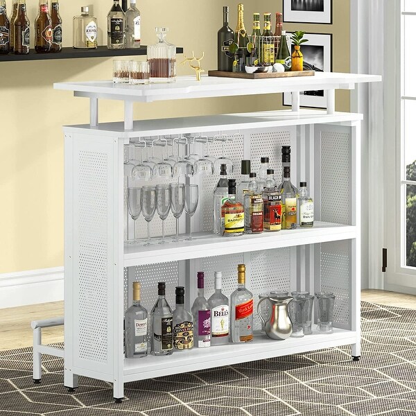 3 Tier Home Bar Unit， Wine Bar Table with Stemware Racks and Shelves