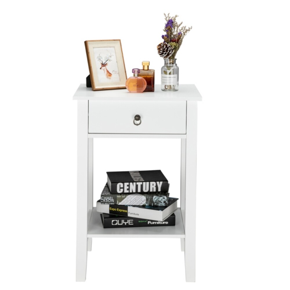 Two layer Bedside Cabinet Coffee Table with Drawer White   (18.11 x 14.17 x 27.56)\