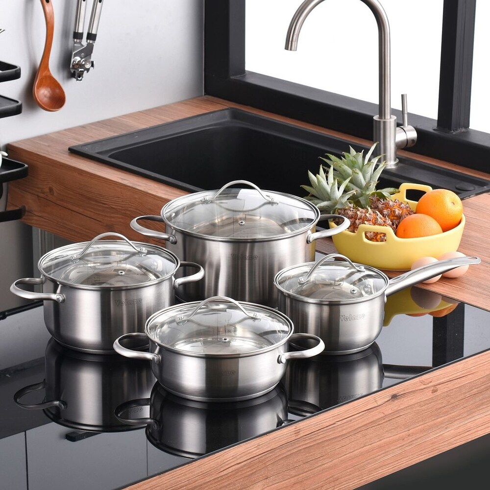 Velaze Miki Stainless Steel Induction Safe Cookware Set Wint Glass Lip