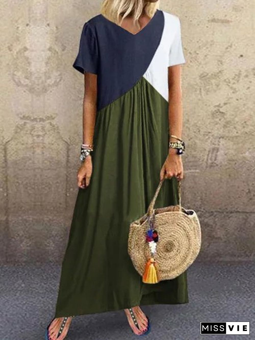 Women Casual Solid Color Cotton V Neck Plus Size Maxi Dresses