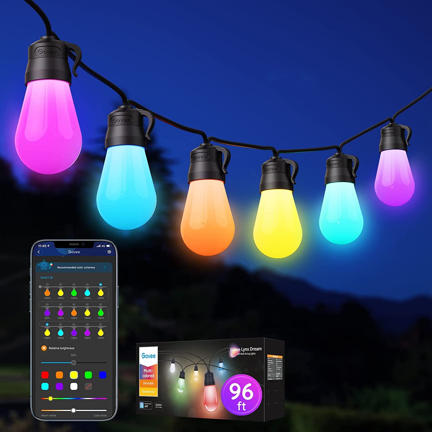 Govee Smart Outdoor String Lights， 96ft RGBIC Patio Lights with 30 Dimmable Warm White LED Bulbs， IP65 Waterproof WiFi APP Control Outdoor String Lights Work with Alexa for Balcony， Backyard， Party