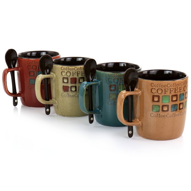 Mr Coffee Cafe Americano 8 Piece 13oz Ceramic Cup And Spoon Set In Assorted Colors