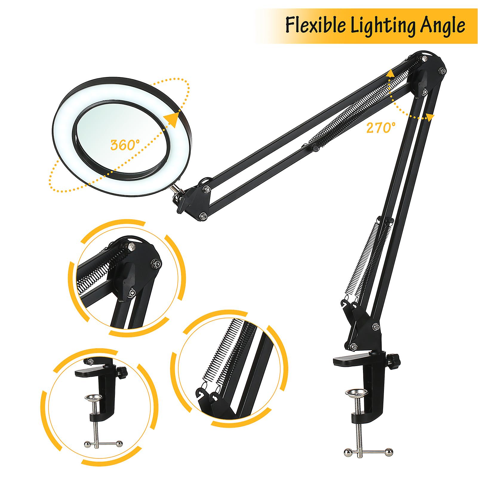 Tomshine Flexible Clamp-on Table Lamp With 8x Magnifier Swing Arm Dimmable Leds Desk Light 3 Color Modes and 10 Brightness Levels Reading Working Studyi