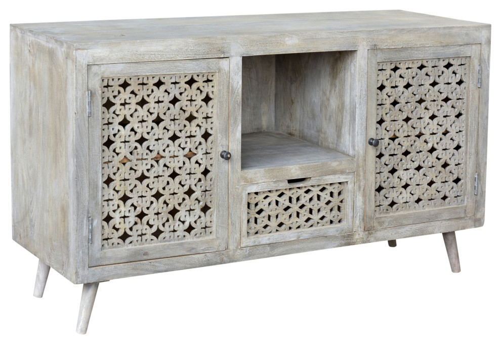 Halle 2 Doors  1 Drawer Hand Carved Media Console   Midcentury   Entertainment Centers And Tv Stands   by Moti  Houzz