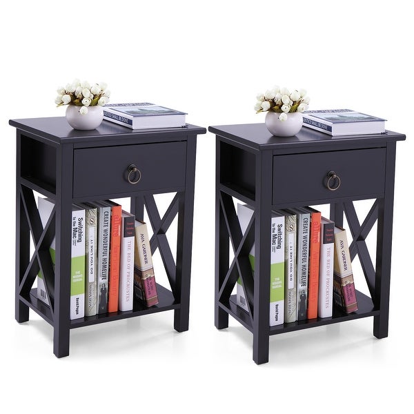 Set of 2 Wooden Nightstand， X-Shaped Sofa Side Table End Table with Drawer