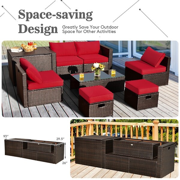 Costway 8PCS Patio Rattan Furniture Set SpaceSaving Storage Cushion