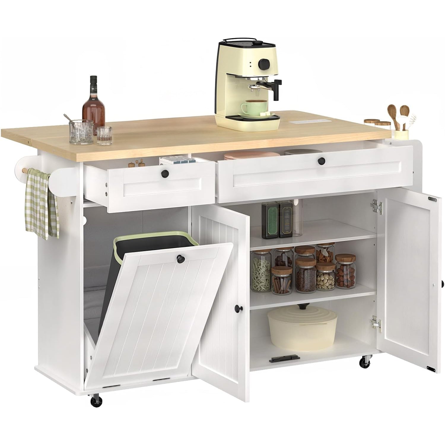 Kitchen Island Cart with Trash Can Storage, Kitchen Storage Cabinet on Wheels