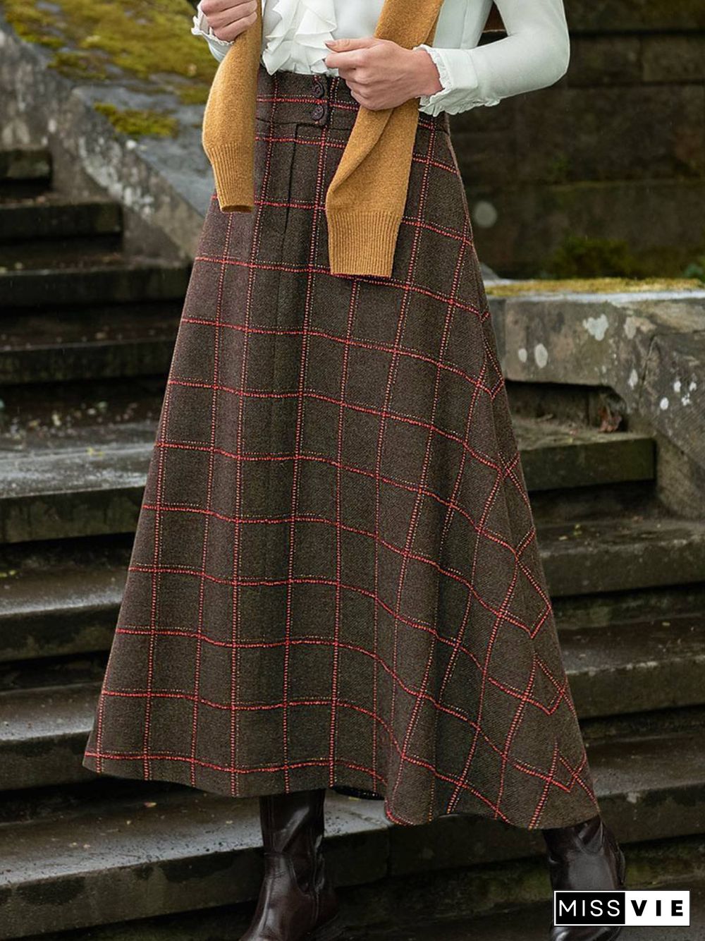 Cotton-Blend Casual Plaid Skirt