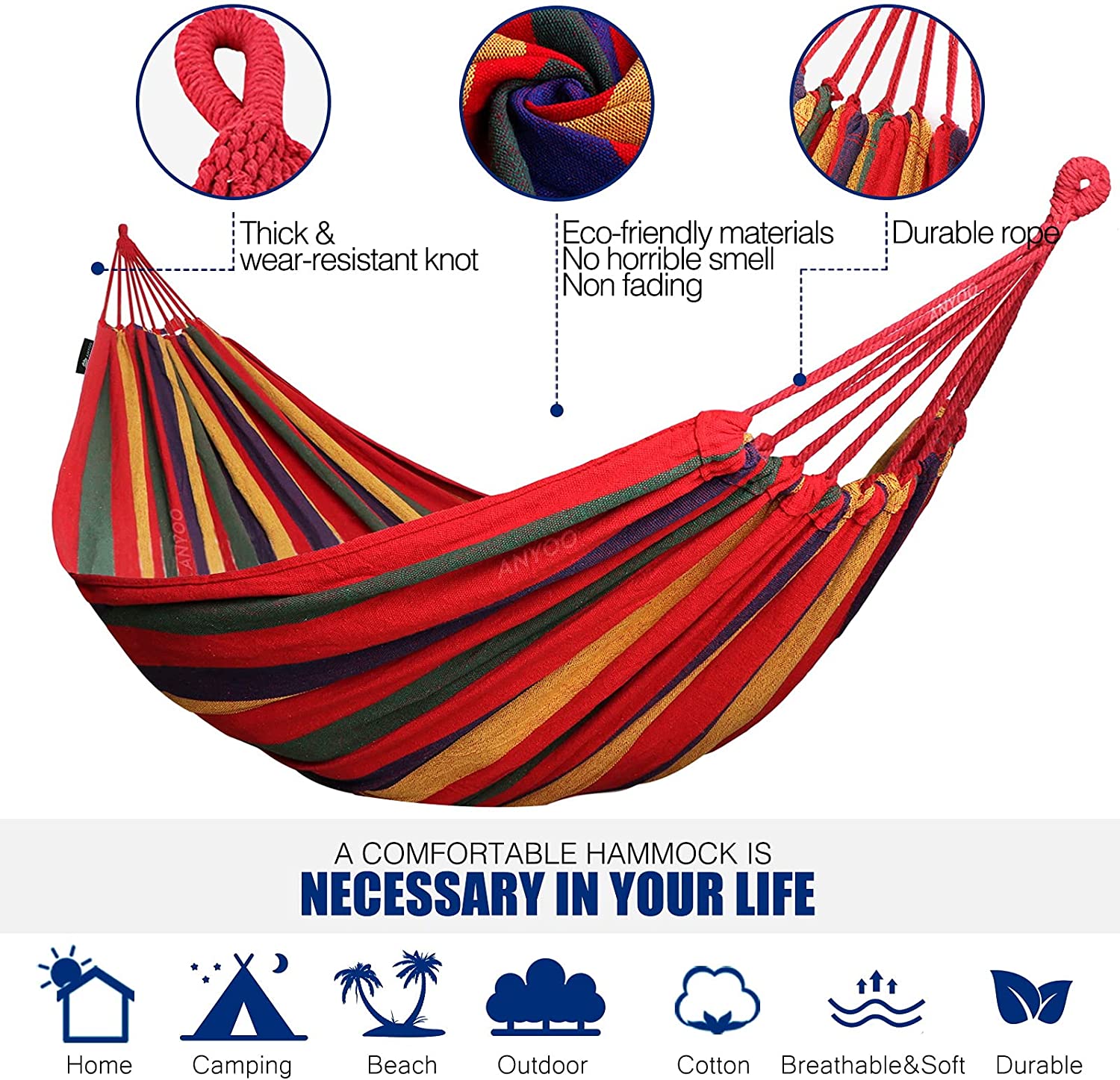 DUAIU Outdoor Anti-Sideslip Canvas Hammock Dormitory Swing Chair Double Thick Hammock 260*150 Red Without Wood Stick