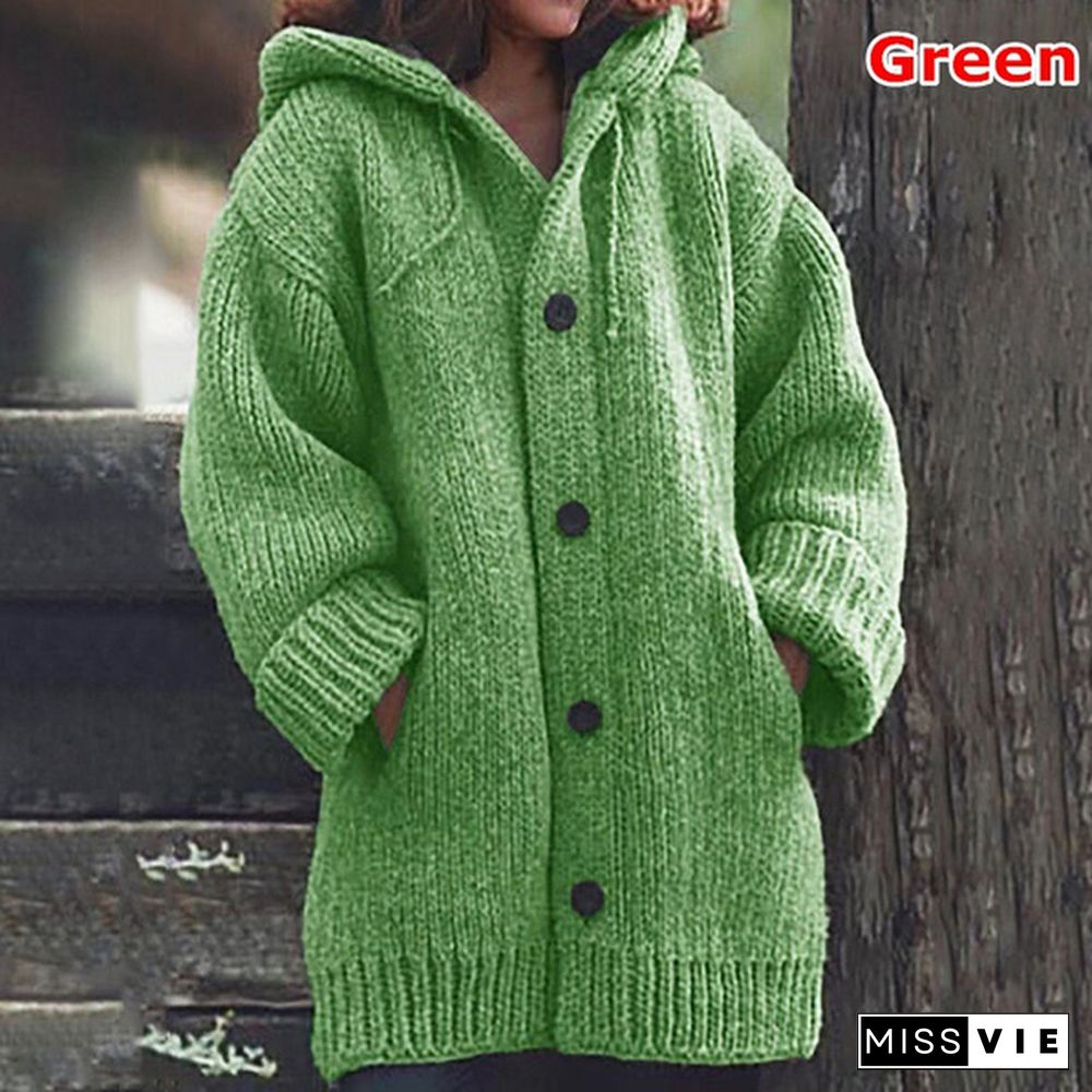 New Autumn Fashion Women Winter Coat Knit Hooded Sweater Loose Mid-length Button Up Knitted Cardigan Jackets for Women Outwear vestidos mujer casacos de inverno feminino