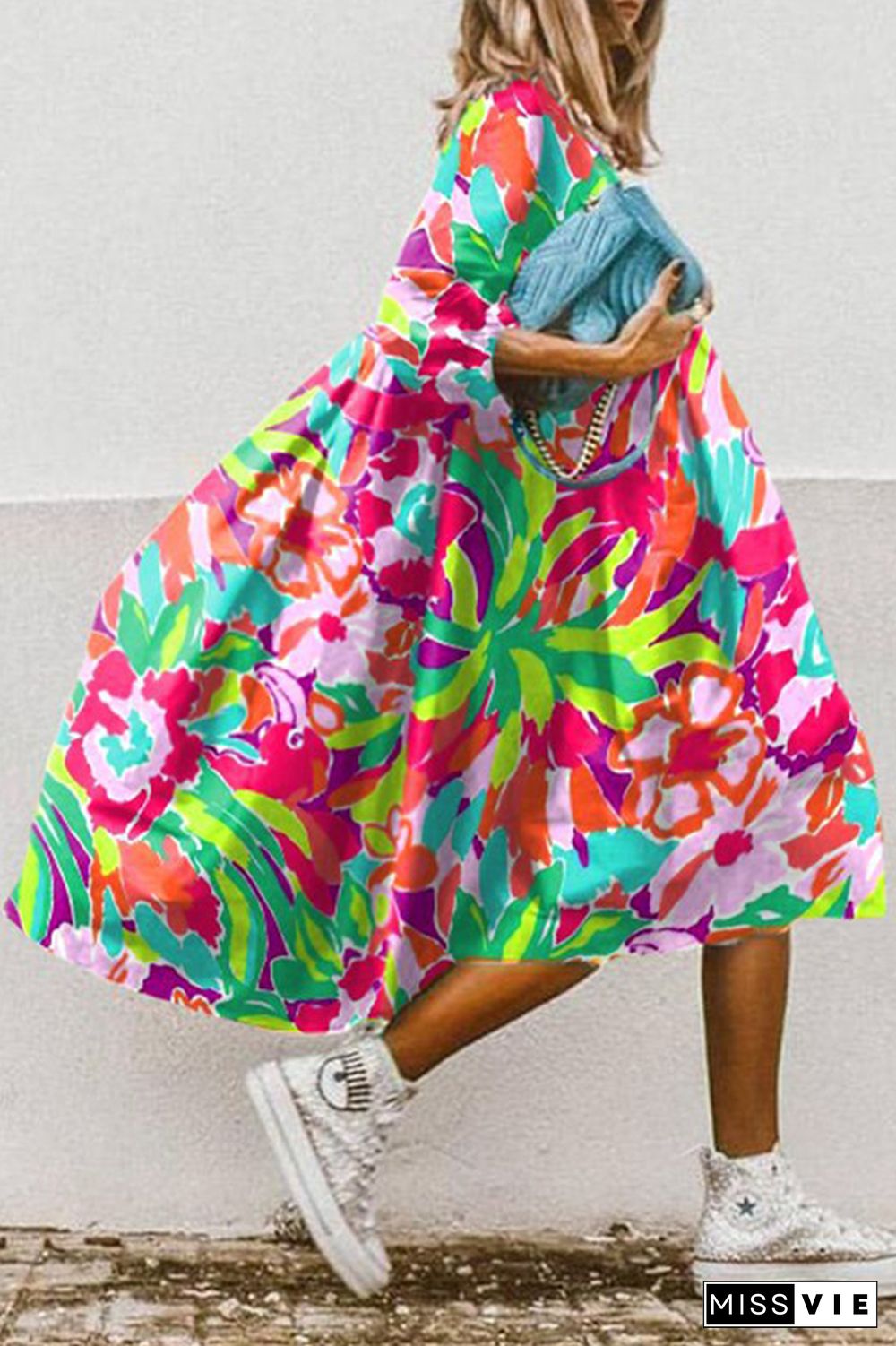 Casual Print Patchwork Turndown Collar Cake Skirt Dresses