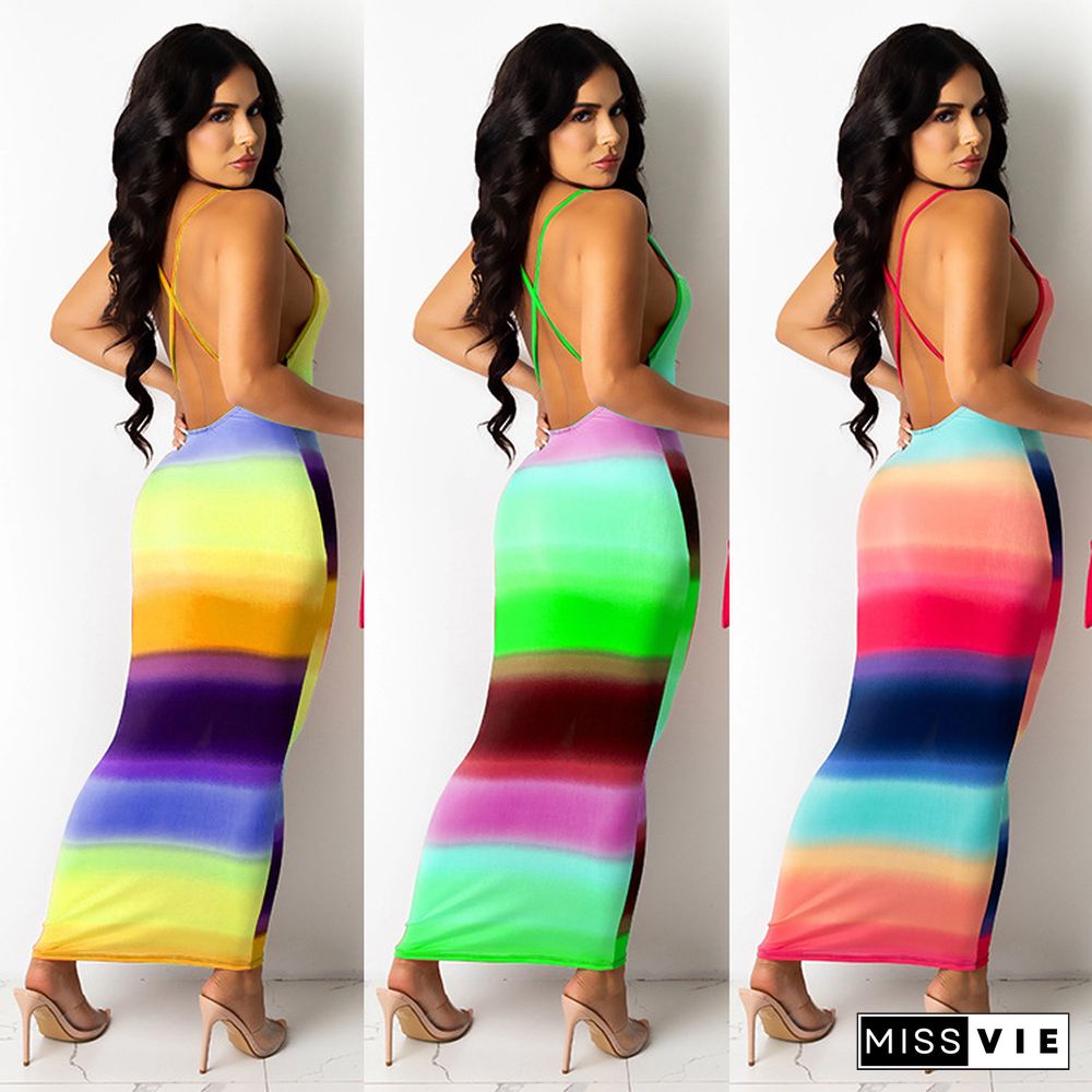 Summer Women Strapless Contrast Color Gradient Striped Printed Backless Bodycon Long Dresses