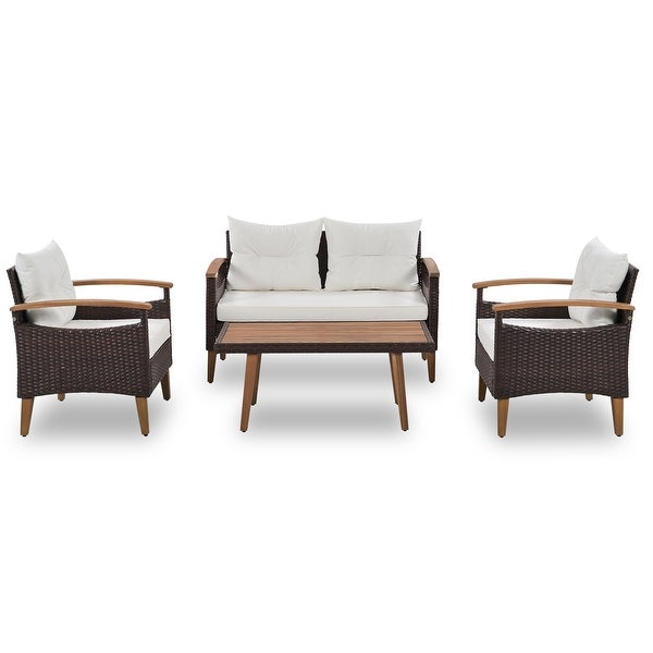 4-Piece Garden Furniture， Patio Conversation Sets， PE Rattan Outdoor Sofa Seating Set with Wood Table and Adjustable Legs Design - Overstock - 37853223