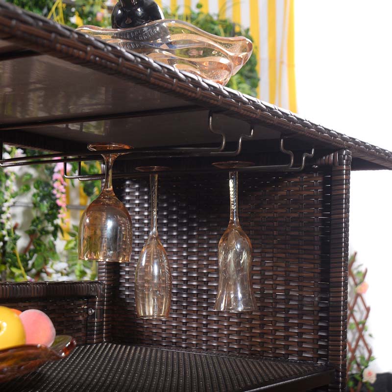 Rattan Wicker Outdoor Patio Bar Counter Table with 2-Row Goblet Holders & 2 Storage Shelves