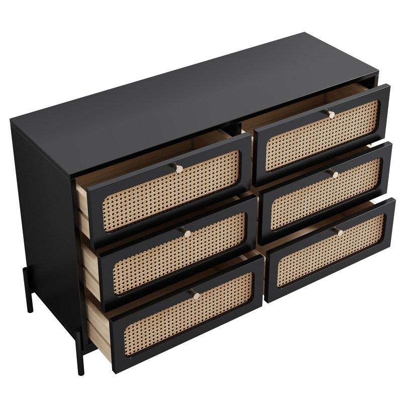 47'' Modern Solid Wood 6 Drawer Dresser with Rattan Decorative Doors (2 Colors）