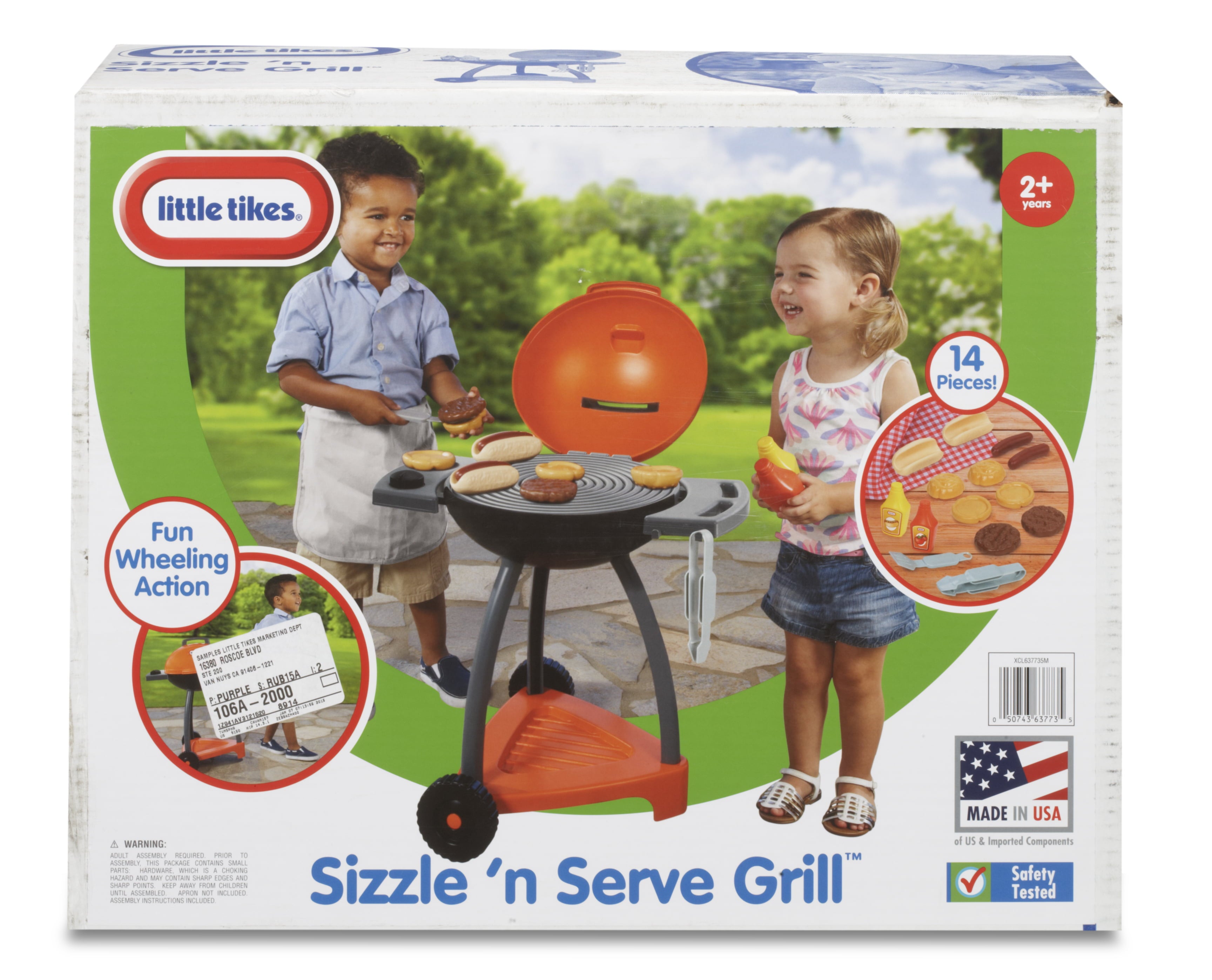 Little Tikes Sizzle 'n Serve 15-Piece Outdoor Plastic Pretend Play Barbecue Grill Toys Playset, Multi-Color, For Kids, Toddlers Ages 3 4 5+