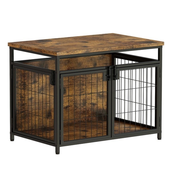 Grondin Rustic Industrial Style Wooden Dog Crate Dog Kennel with Three Lockable Doors， Indoor Pet Furniture Dog House End Table