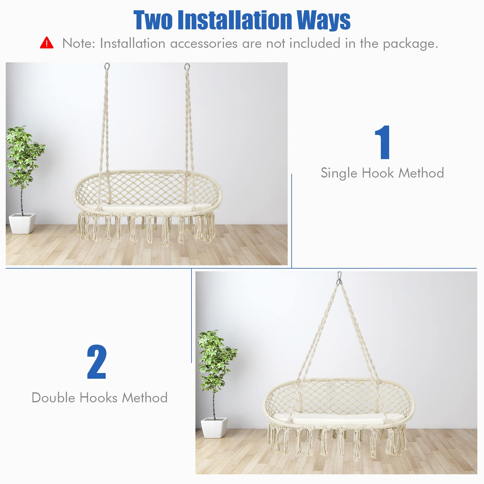 Hammock Chair 2 Seat, Macrame Hanging Chair with Cushion