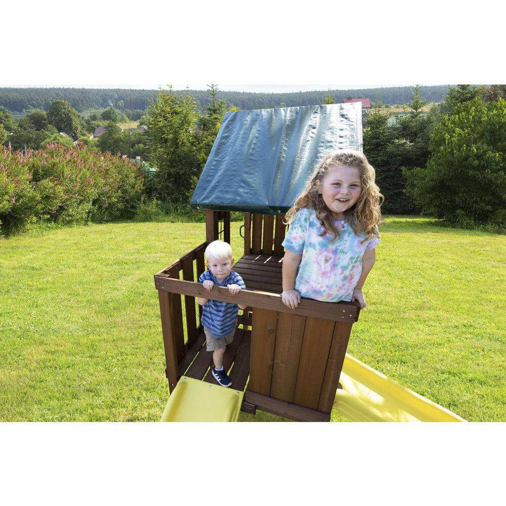 Swing-N-Slide Playsets Castlebrook Ready-To-Assemble Wooden Outdoor Playset with 2 Slides Rock Wall Swings and Swing Set Accessories WS 8355